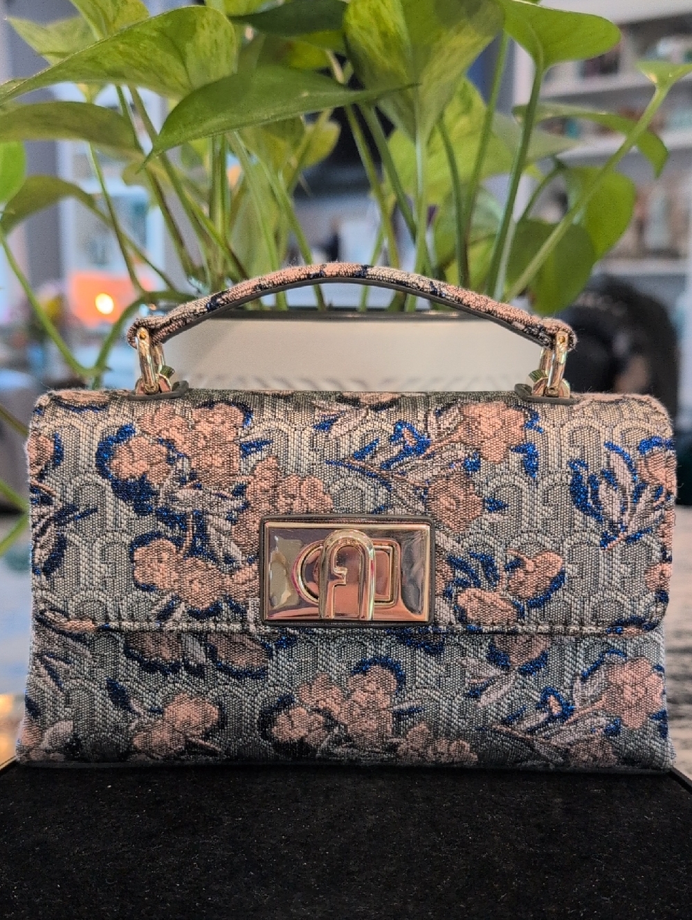 Floral Jacquard Top-Handle Bag in Blush and Blue